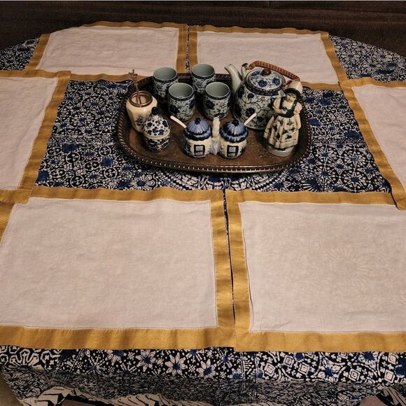 7 antique white linen placemats festive gold trim - Picture 2 of 10